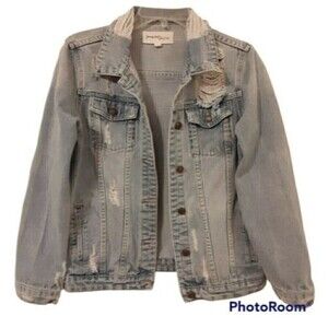 Young Hearts Run Free Distressed Blue Denim Jacket Size Medium